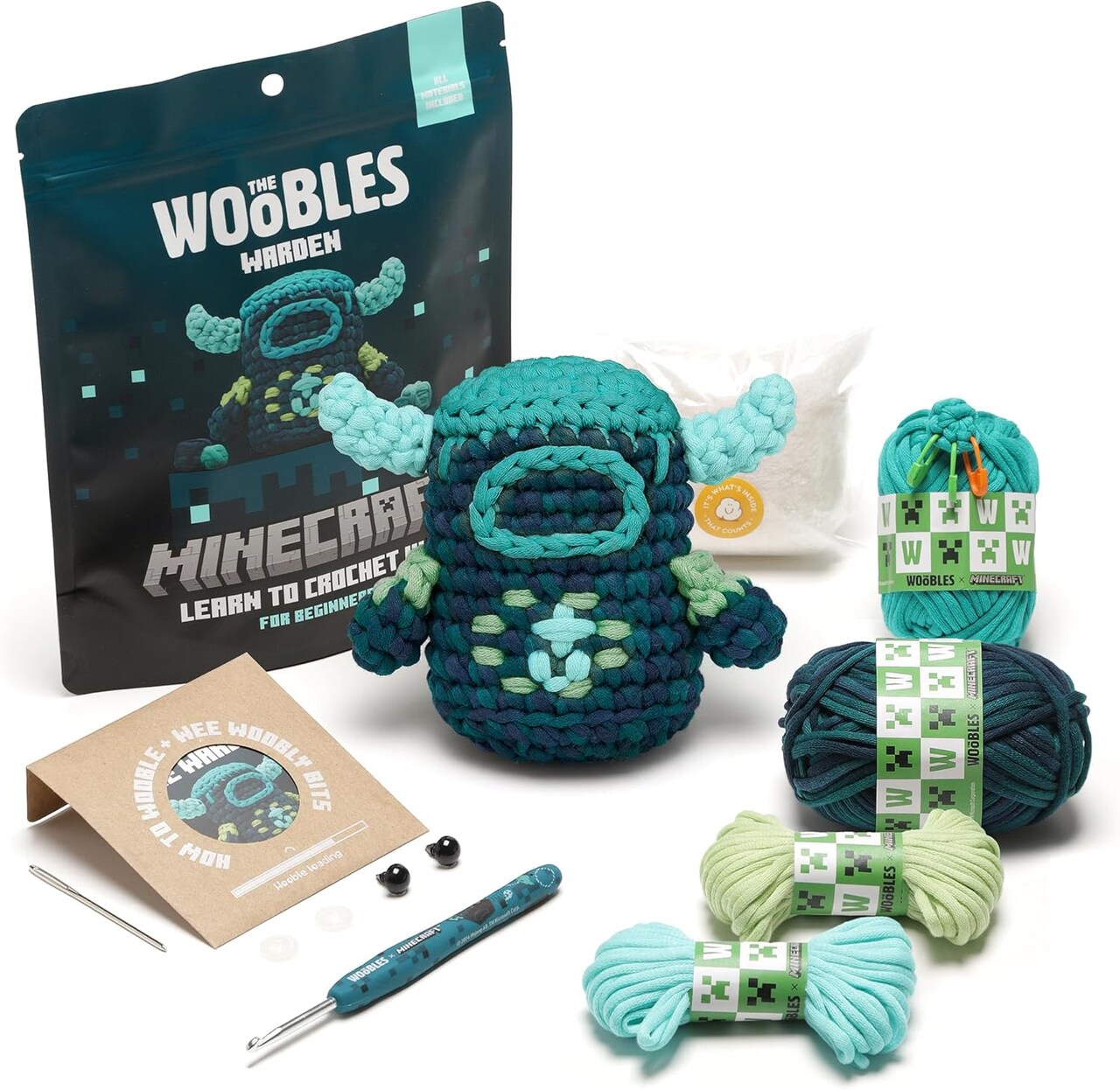Minecraft Crochet Kit – Beginner Crochet Kit for Adults, Easy Knitting Kit with Woobles Yarn, DIY Crafts, Crochet Animals, Minecrafts, Gift for Gamers & Crafters (Warden)